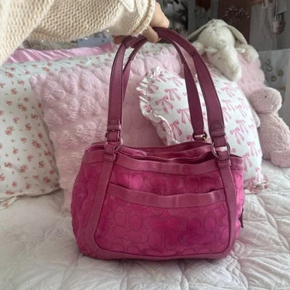 💖 Y2K Hot Pink Coach Monogram Turn-Lock Shoulder Tote Bag 💖