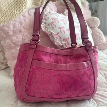 💖 Y2K Hot Pink Coach Monogram Turn-Lock Shoulder Tote Bag 💖