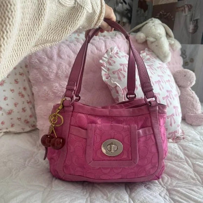 💖 Y2K Hot Pink Coach Monogram Turn-Lock Shoulder Tote Bag 💖