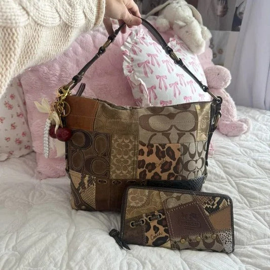 🐆 Y2K Coach Brown Cheetah/Leopard Print Patchwork Carly Bag + Matching Wallet 🐆