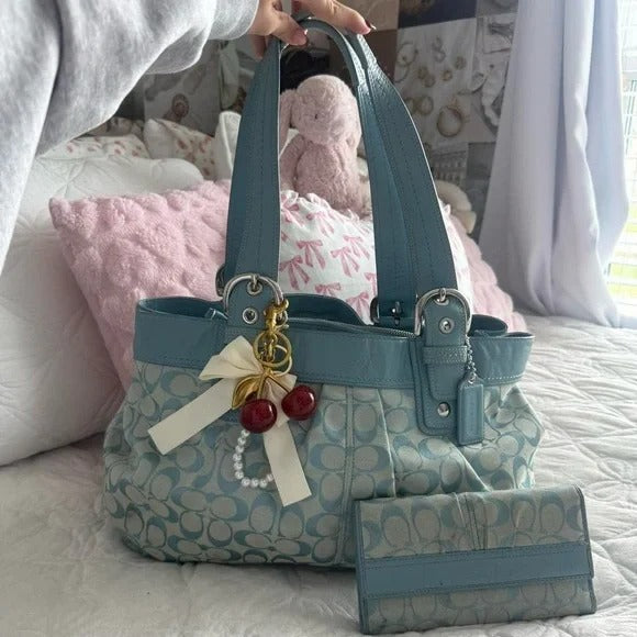 💙 Y2K Coach Blue Large Monogram Tote Bag + Matching Wallet 💙
